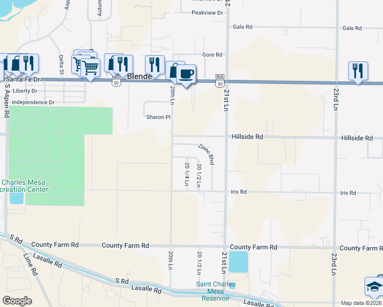 map of restaurants, bars, coffee shops, grocery stores, and more near 2018 Zinno Boulevard in Pueblo
