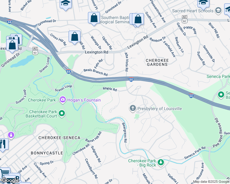 map of restaurants, bars, coffee shops, grocery stores, and more near 2778 Maple Road in Louisville