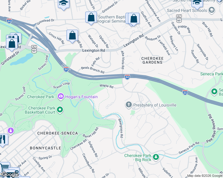 map of restaurants, bars, coffee shops, grocery stores, and more near 2778 Maple Road in Louisville