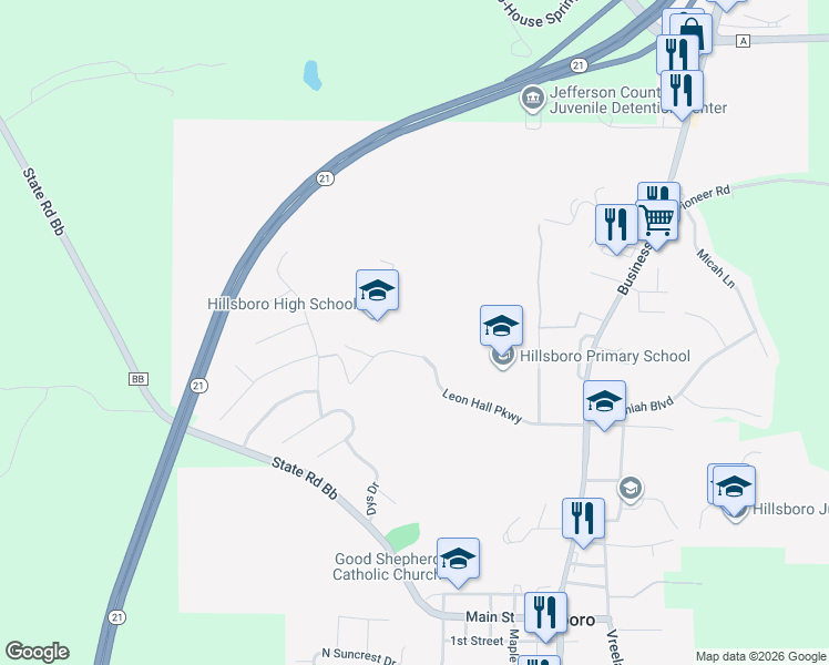 map of restaurants, bars, coffee shops, grocery stores, and more near 101 Leon Hall Parkway in Hillsboro