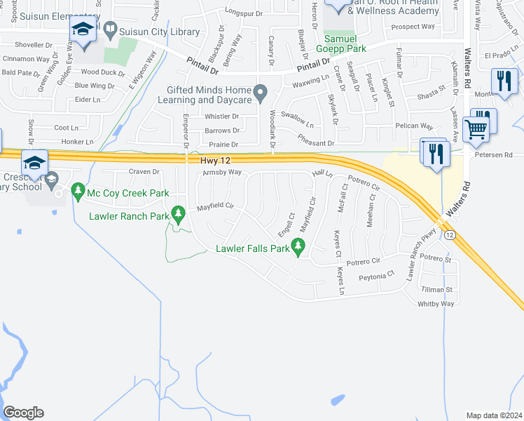 map of restaurants, bars, coffee shops, grocery stores, and more near 340 Childs Court in Suisun City