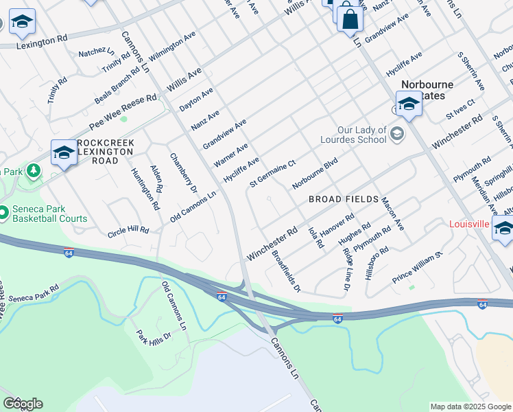 map of restaurants, bars, coffee shops, grocery stores, and more near 904 Broadfields Drive in Louisville