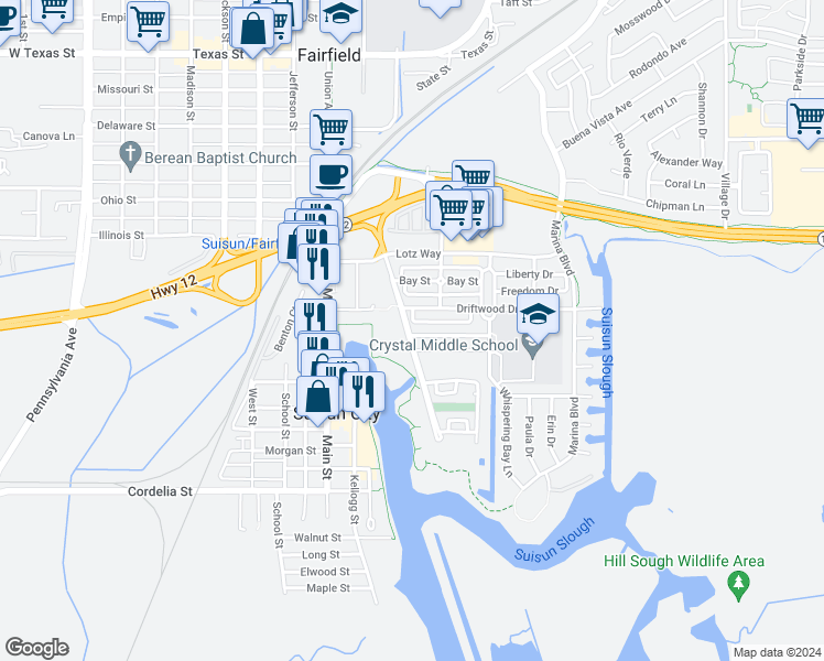 map of restaurants, bars, coffee shops, grocery stores, and more near 702 Almond Street in Suisun City