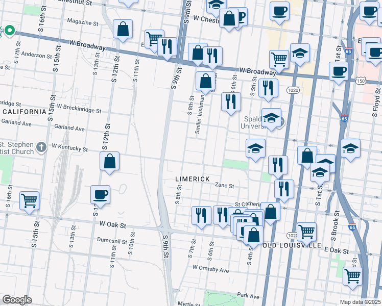 map of restaurants, bars, coffee shops, grocery stores, and more near 15 College Court in Louisville