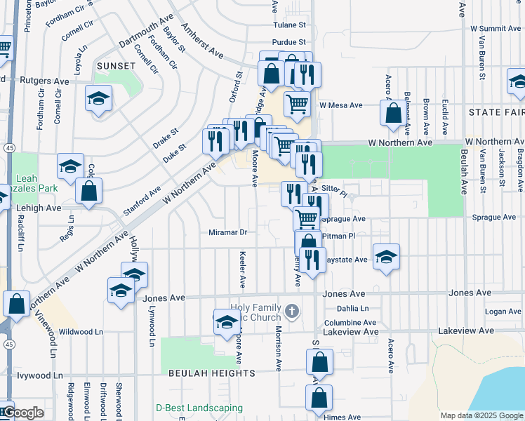 map of restaurants, bars, coffee shops, grocery stores, and more near in Pueblo