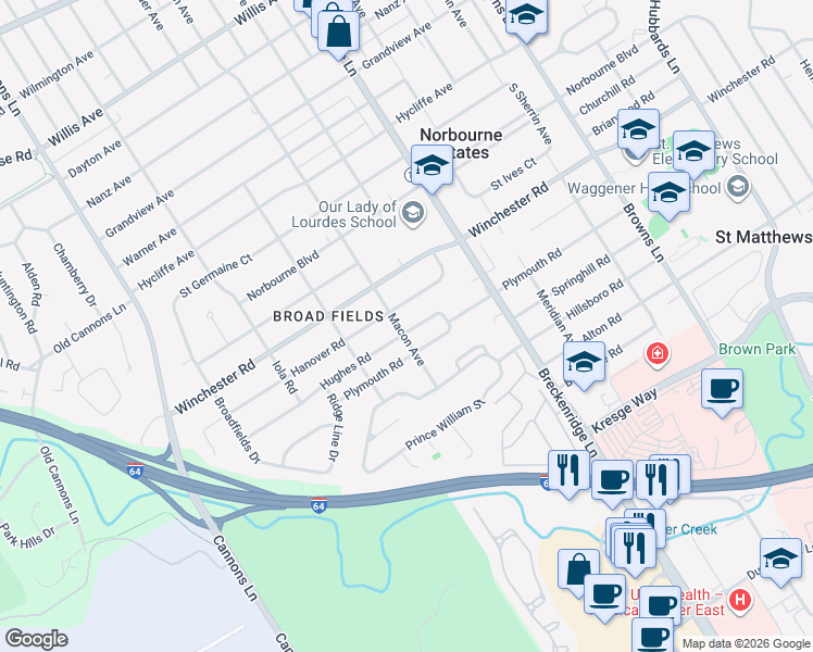map of restaurants, bars, coffee shops, grocery stores, and more near 3701 Hughes Road in Louisville