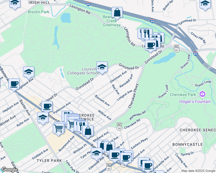 map of restaurants, bars, coffee shops, grocery stores, and more near 2466 Glenmary Avenue in Louisville