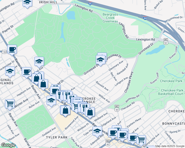 map of restaurants, bars, coffee shops, grocery stores, and more near 1018 Grinstead Court in Louisville