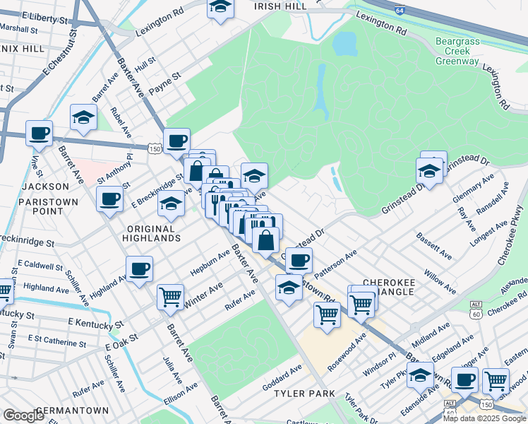 map of restaurants, bars, coffee shops, grocery stores, and more near 1015 Cherokee Road in Louisville