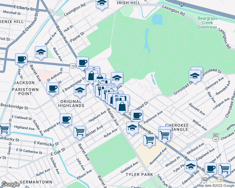 map of restaurants, bars, coffee shops, grocery stores, and more near 1015 Cherokee Road in Louisville