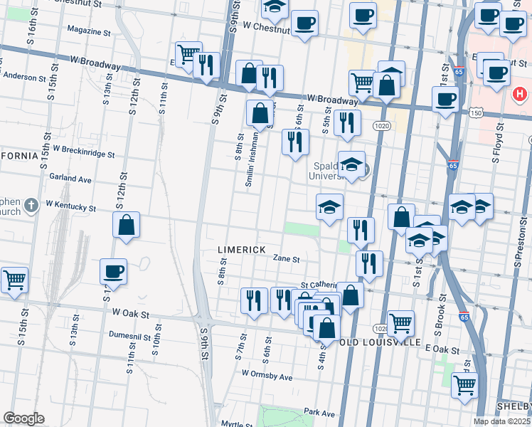 map of restaurants, bars, coffee shops, grocery stores, and more near 943 South 7th Street in Louisville