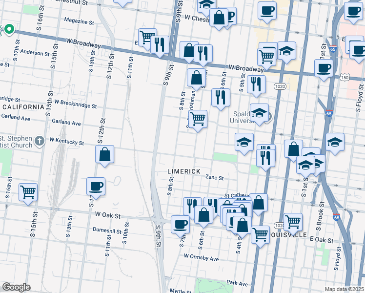 map of restaurants, bars, coffee shops, grocery stores, and more near 15 College Court in Louisville