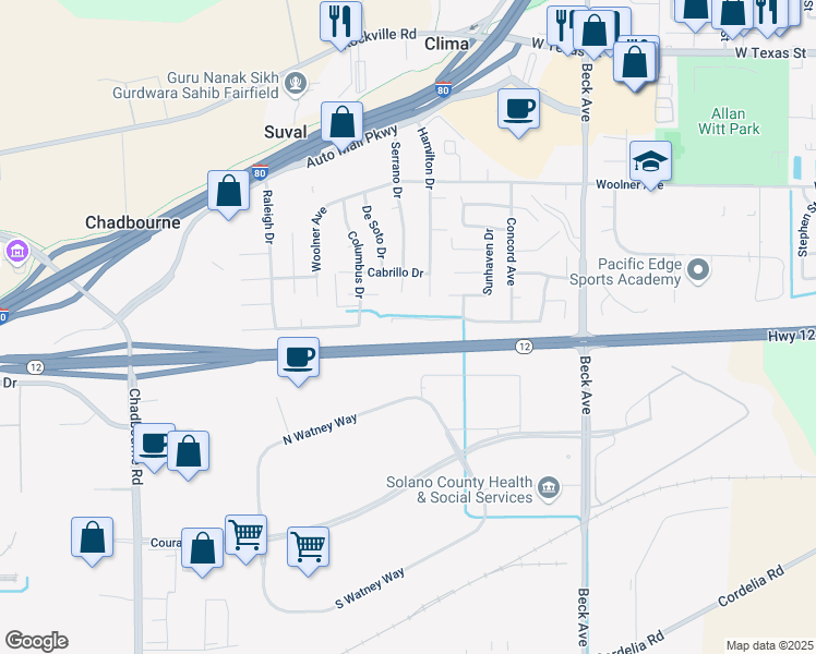 map of restaurants, bars, coffee shops, grocery stores, and more near 2355 Burgundy Way in Fairfield