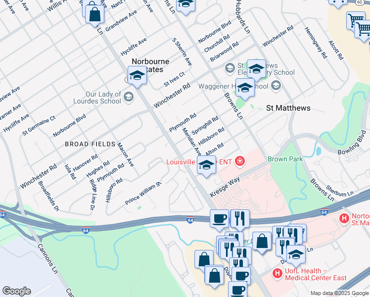 map of restaurants, bars, coffee shops, grocery stores, and more near 3915 Hillsboro Road in Louisville