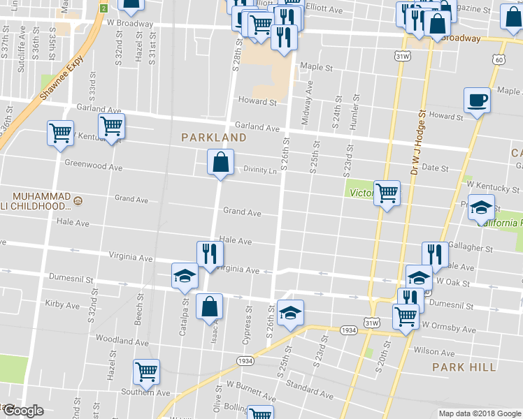 map of restaurants, bars, coffee shops, grocery stores, and more near 2619 Grand Avenue in Louisville