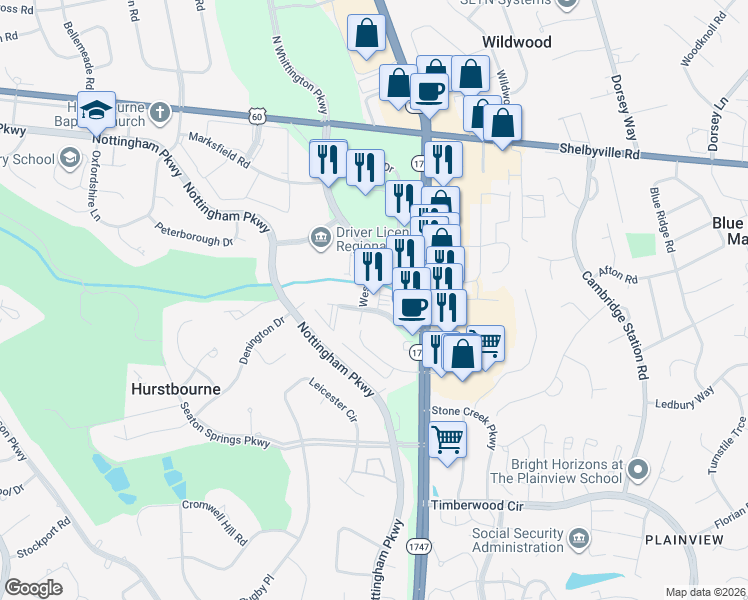 map of restaurants, bars, coffee shops, grocery stores, and more near 9505 Williamsburg Plaza in Louisville