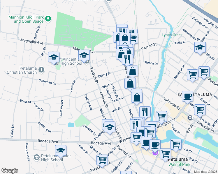 map of restaurants, bars, coffee shops, grocery stores, and more near 302 West Street in Petaluma