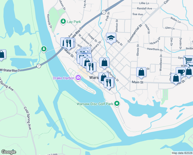 map of restaurants, bars, coffee shops, grocery stores, and more near in Warsaw
