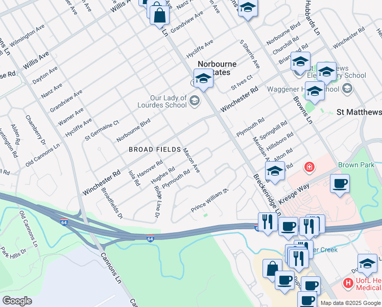 map of restaurants, bars, coffee shops, grocery stores, and more near 3701 Hughes Road in Louisville