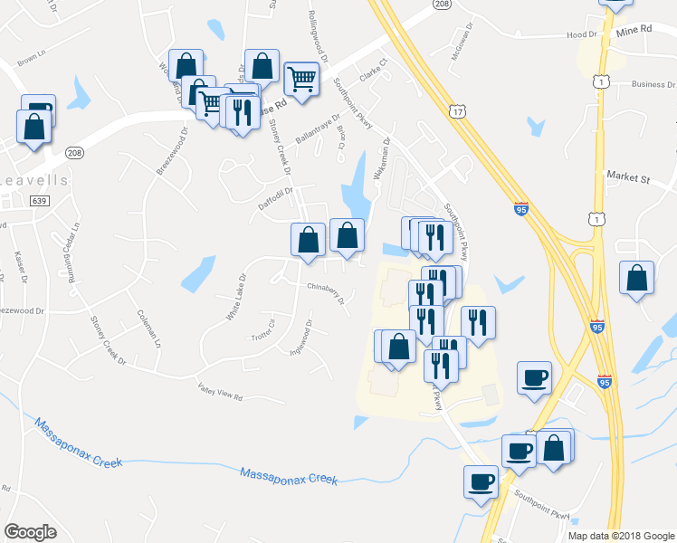 map of restaurants, bars, coffee shops, grocery stores, and more near 5126 Fox Mill Court in Fredericksburg