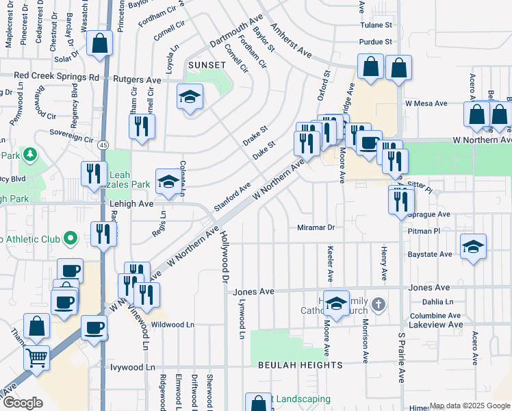 map of restaurants, bars, coffee shops, grocery stores, and more near 1629 Englewood Drive in Pueblo