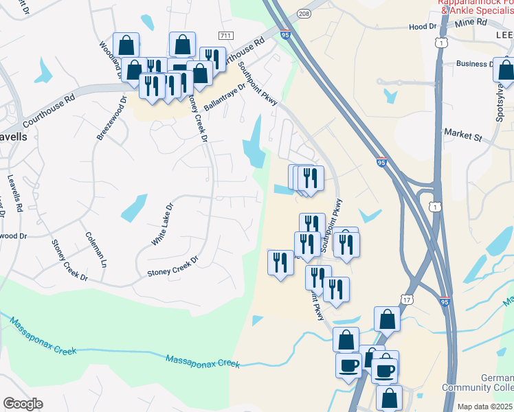 map of restaurants, bars, coffee shops, grocery stores, and more near 5108 Brooke Valley Court in Fredericksburg