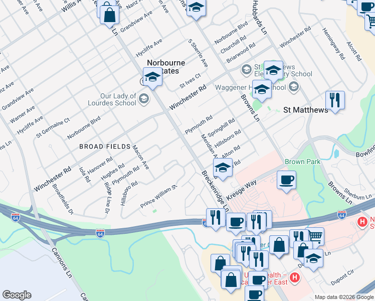 map of restaurants, bars, coffee shops, grocery stores, and more near 716 Breckenridge Lane in Louisville