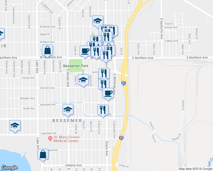 map of restaurants, bars, coffee shops, grocery stores, and more near 1501 Evans Avenue in Pueblo