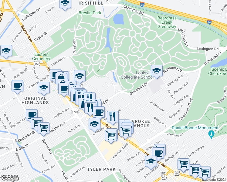 map of restaurants, bars, coffee shops, grocery stores, and more near 2225 Grinstead Drive in Louisville