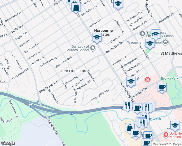 map of restaurants, bars, coffee shops, grocery stores, and more near 3701 Hughes Road in Louisville