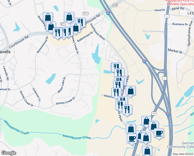 map of restaurants, bars, coffee shops, grocery stores, and more near 5108 Brooke Valley Court in Fredericksburg