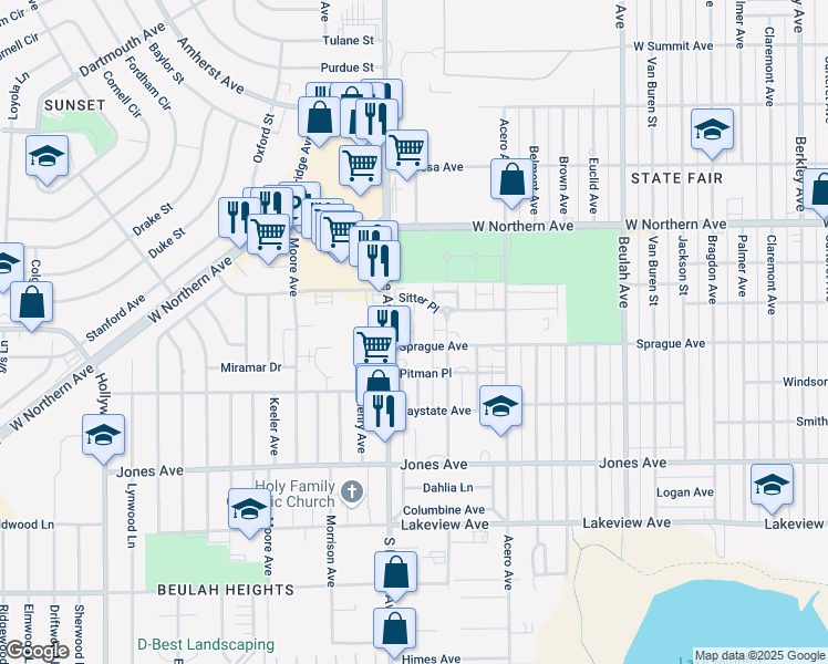 map of restaurants, bars, coffee shops, grocery stores, and more near 2701 Crawford Street in Pueblo