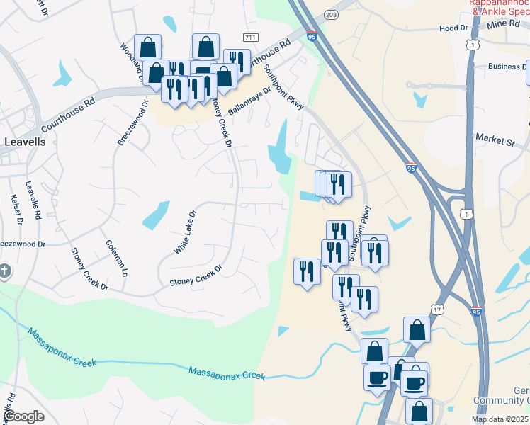 map of restaurants, bars, coffee shops, grocery stores, and more near 5126 Fox Mill Court in Fredericksburg