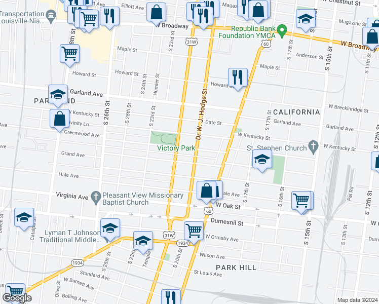 map of restaurants, bars, coffee shops, grocery stores, and more near 2108 Greenwood Avenue in Louisville