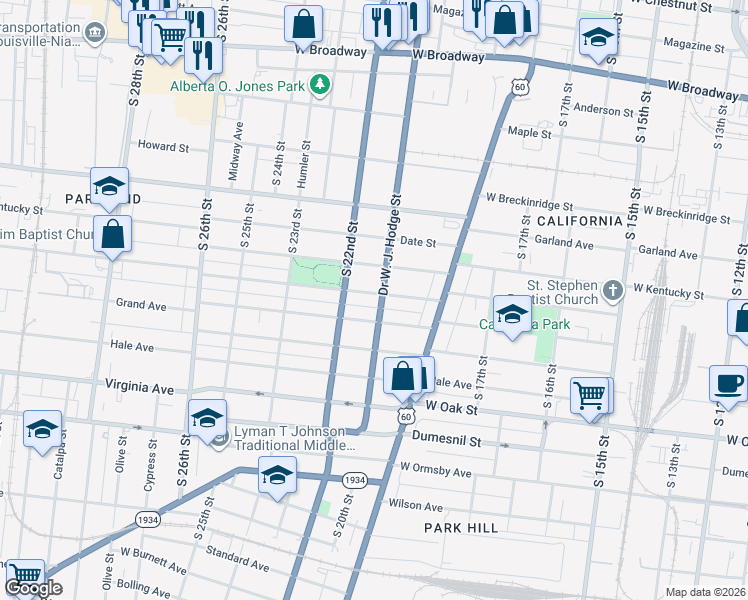 map of restaurants, bars, coffee shops, grocery stores, and more near 2104 Greenwood Avenue in Louisville