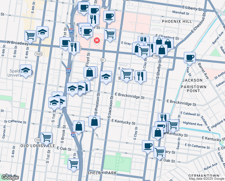 map of restaurants, bars, coffee shops, grocery stores, and more near South Jackson Street in Louisville