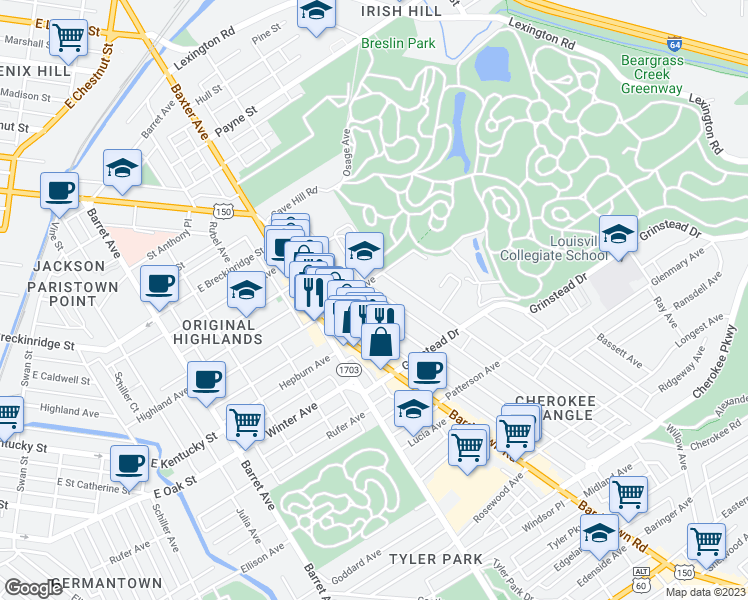 map of restaurants, bars, coffee shops, grocery stores, and more near 1015 Cherokee Road in Louisville