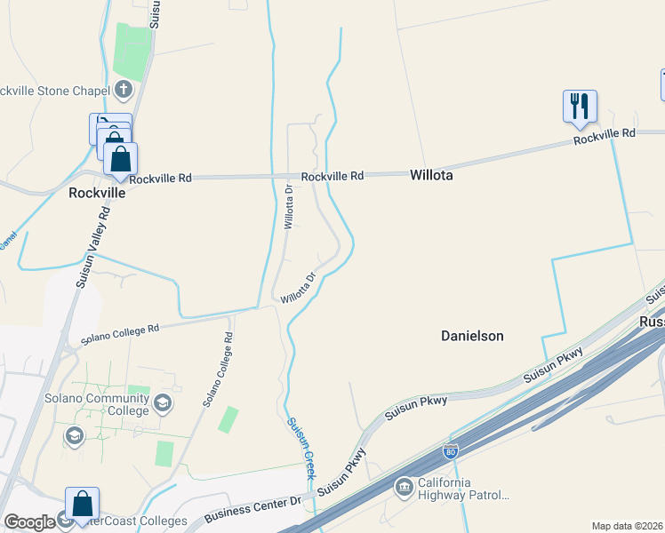 map of restaurants, bars, coffee shops, grocery stores, and more near 11 Willotta Drive in Fairfield