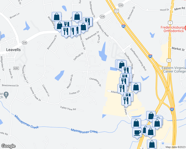 map of restaurants, bars, coffee shops, grocery stores, and more near 5154 Bellehaven Court in Fredericksburg