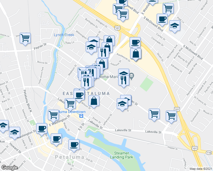 map of restaurants, bars, coffee shops, grocery stores, and more near 727 East D Street in Petaluma