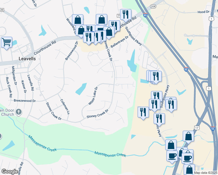 map of restaurants, bars, coffee shops, grocery stores, and more near 2022 White Lake Drive in Fredericksburg