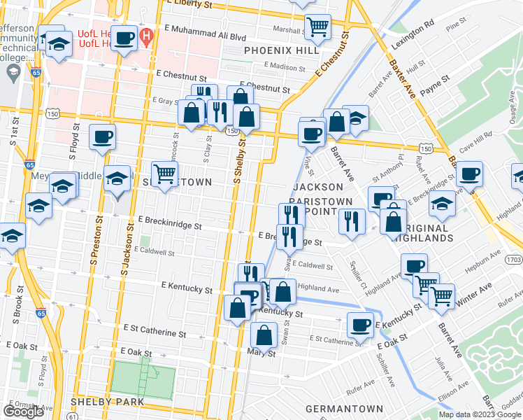 map of restaurants, bars, coffee shops, grocery stores, and more near 801 Logan Street in Louisville