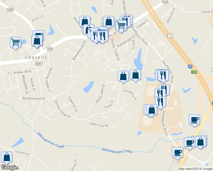 map of restaurants, bars, coffee shops, grocery stores, and more near 2010 White Lake Dr in Fredericksburg
