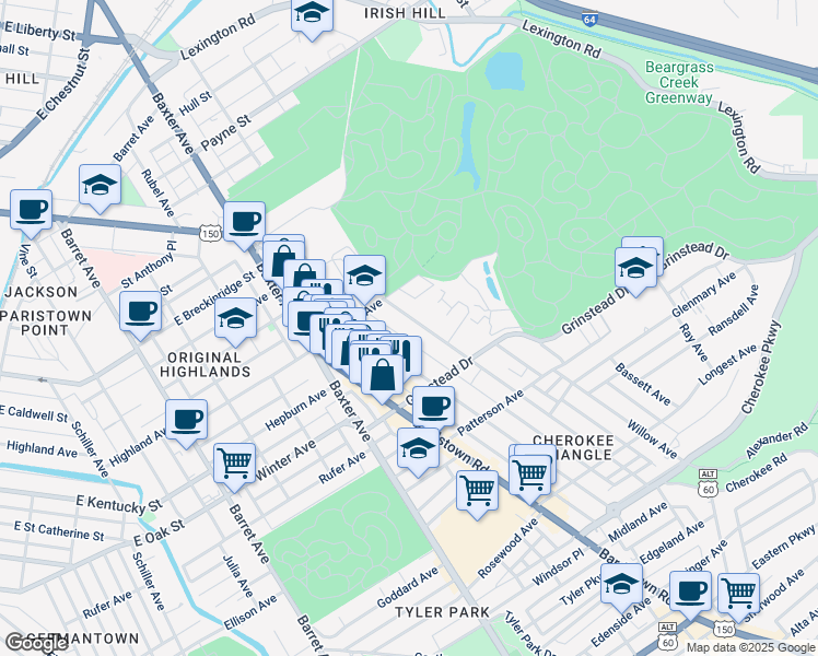 map of restaurants, bars, coffee shops, grocery stores, and more near 1030 Everett Avenue in Louisville