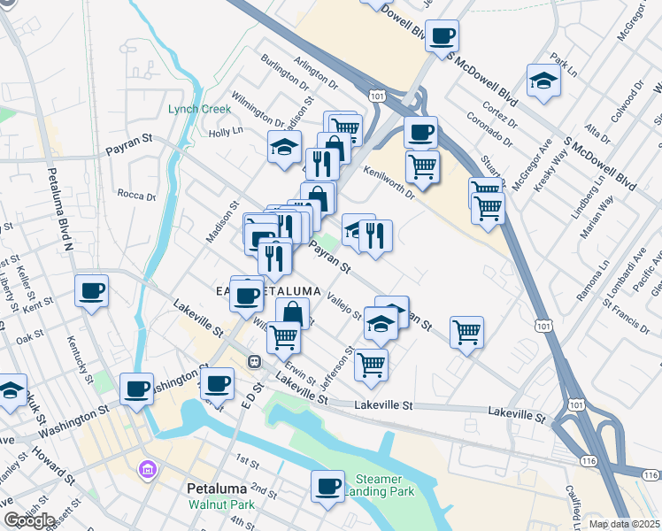 map of restaurants, bars, coffee shops, grocery stores, and more near 727 East D Street in Petaluma