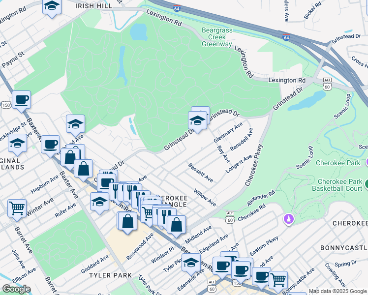map of restaurants, bars, coffee shops, grocery stores, and more near 1018 Grinstead Court in Louisville