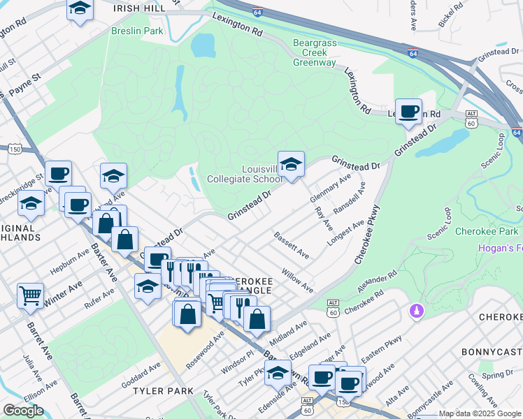 map of restaurants, bars, coffee shops, grocery stores, and more near 1018 Grinstead Court in Louisville