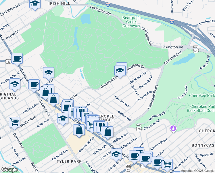 map of restaurants, bars, coffee shops, grocery stores, and more near 1018 Grinstead Court in Louisville