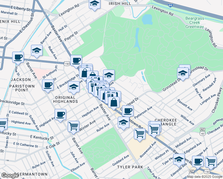 map of restaurants, bars, coffee shops, grocery stores, and more near 1015 Cherokee Road in Louisville