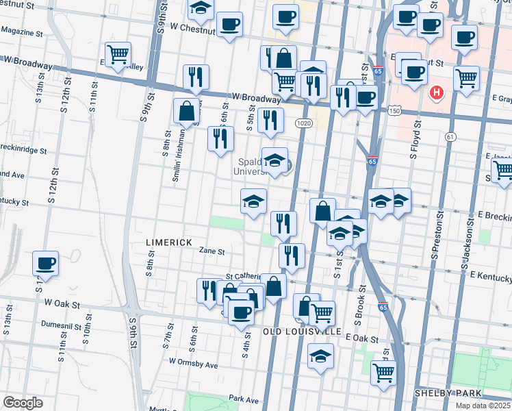 map of restaurants, bars, coffee shops, grocery stores, and more near 920 South 4th Street in Louisville